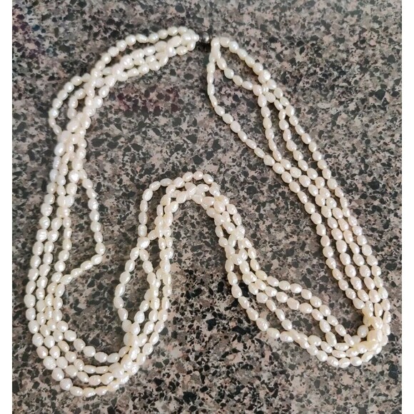 Vtg 24" FRESHWATER RICE PEARLS Silver BEAD Clasp 4-STRAND NECKLACE Signed - Picture 1 of 8